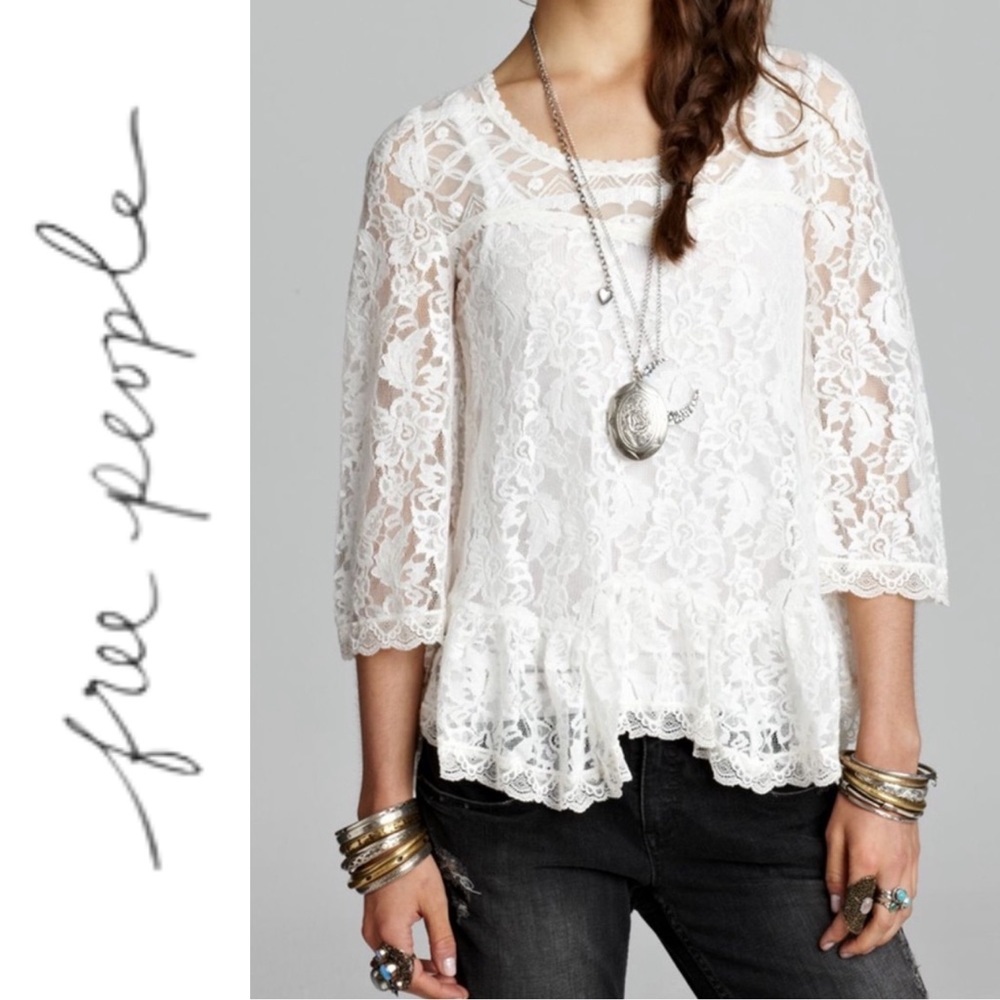 Free People Flowy White Floral Lace Blouse